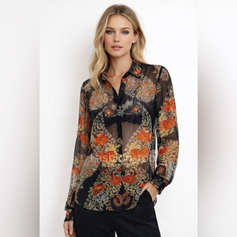 CAbi Amour Sheer Button Up Blouse Black Orange Floral Womans Size XS